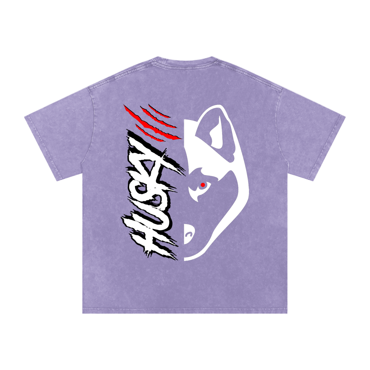 Purple t-shirt with graphic design on the back