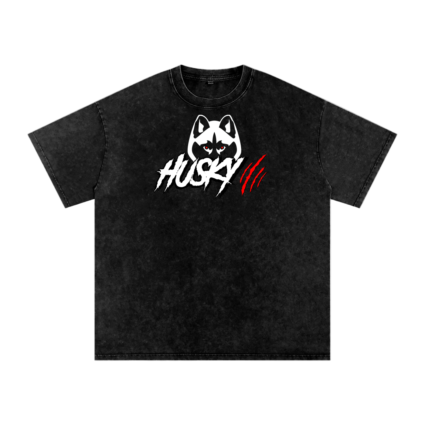 Black t-shirt with husky logo on a white background